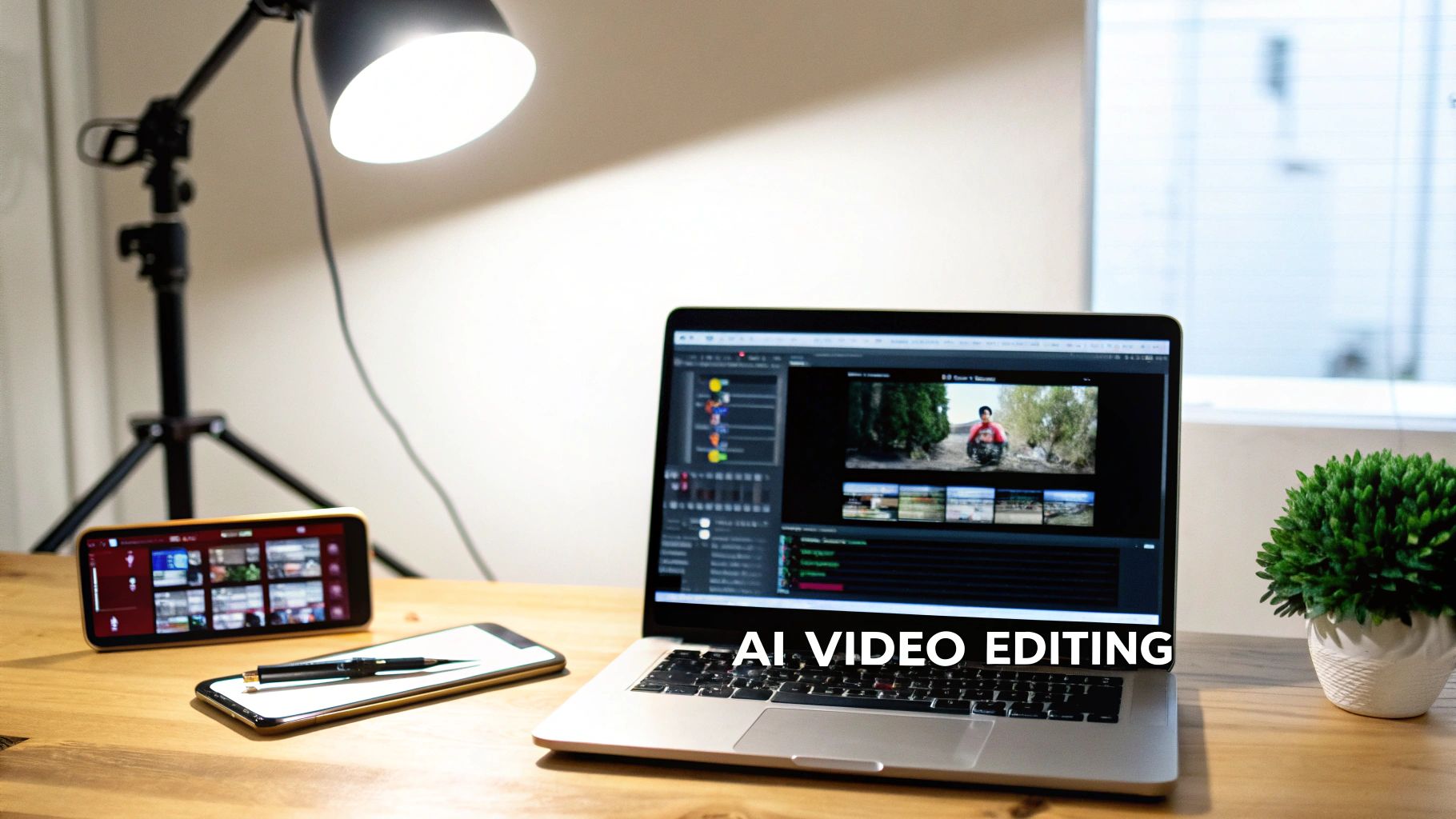 A modern workspace with a laptop displaying video editing software, two smartphones, and a bright desk lamp.