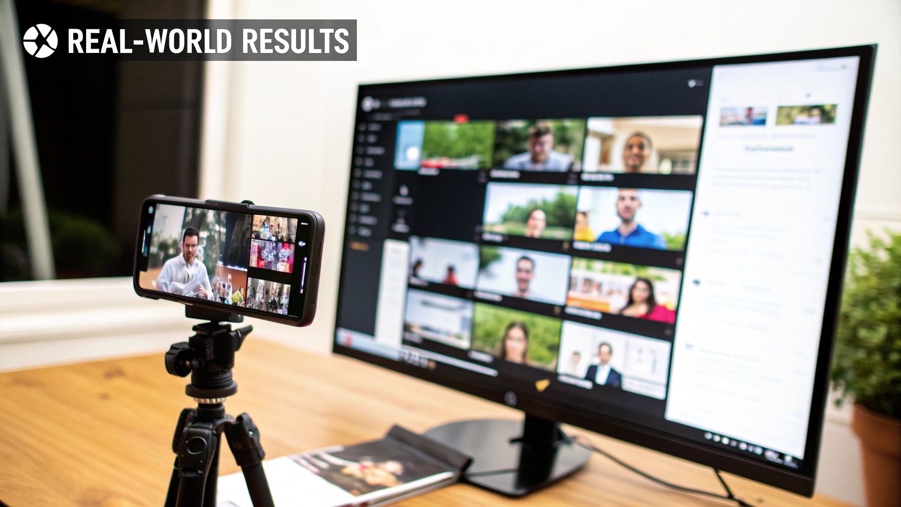 A smartphone on a tripod and a computer monitor show a video conference, highlighting remote collaboration and real-world results.