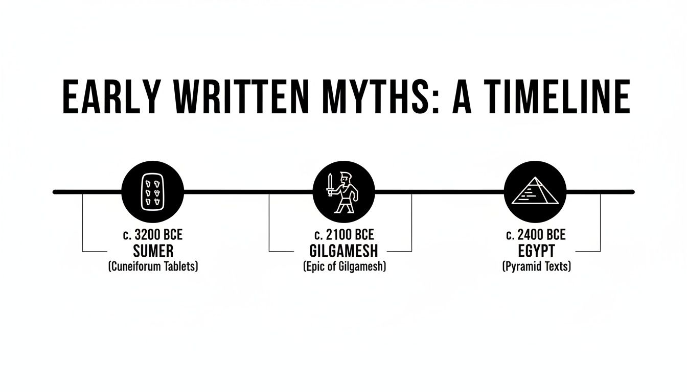 Timeline illustrating early written myths from Sumer, Gilgamesh, and Egypt with approximate dates.