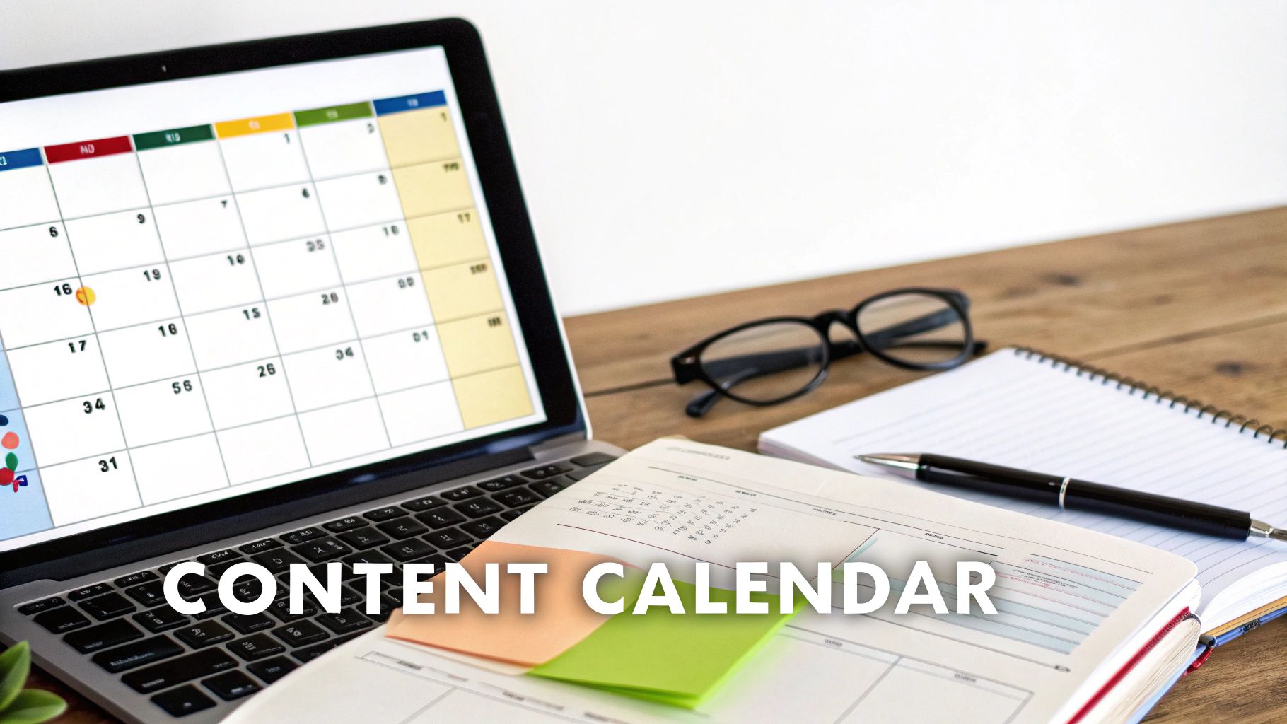 A laptop displaying a digital content calendar next to a physical planner, glasses, and a pen on a wooden desk.
