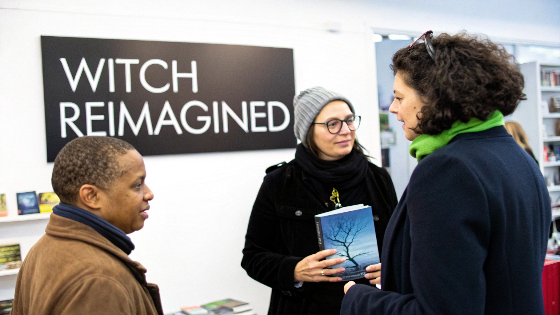 Three people conversing at a book event, one holding a book, with a "WITCH REIMAGINED" sign.