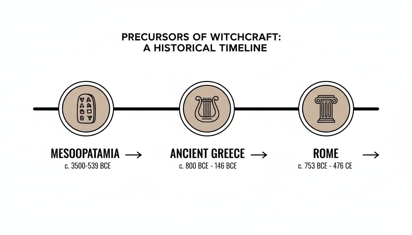 A historical timeline illustrating the precursors of witchcraft through Mesopotamia, Ancient Greece, and Rome.