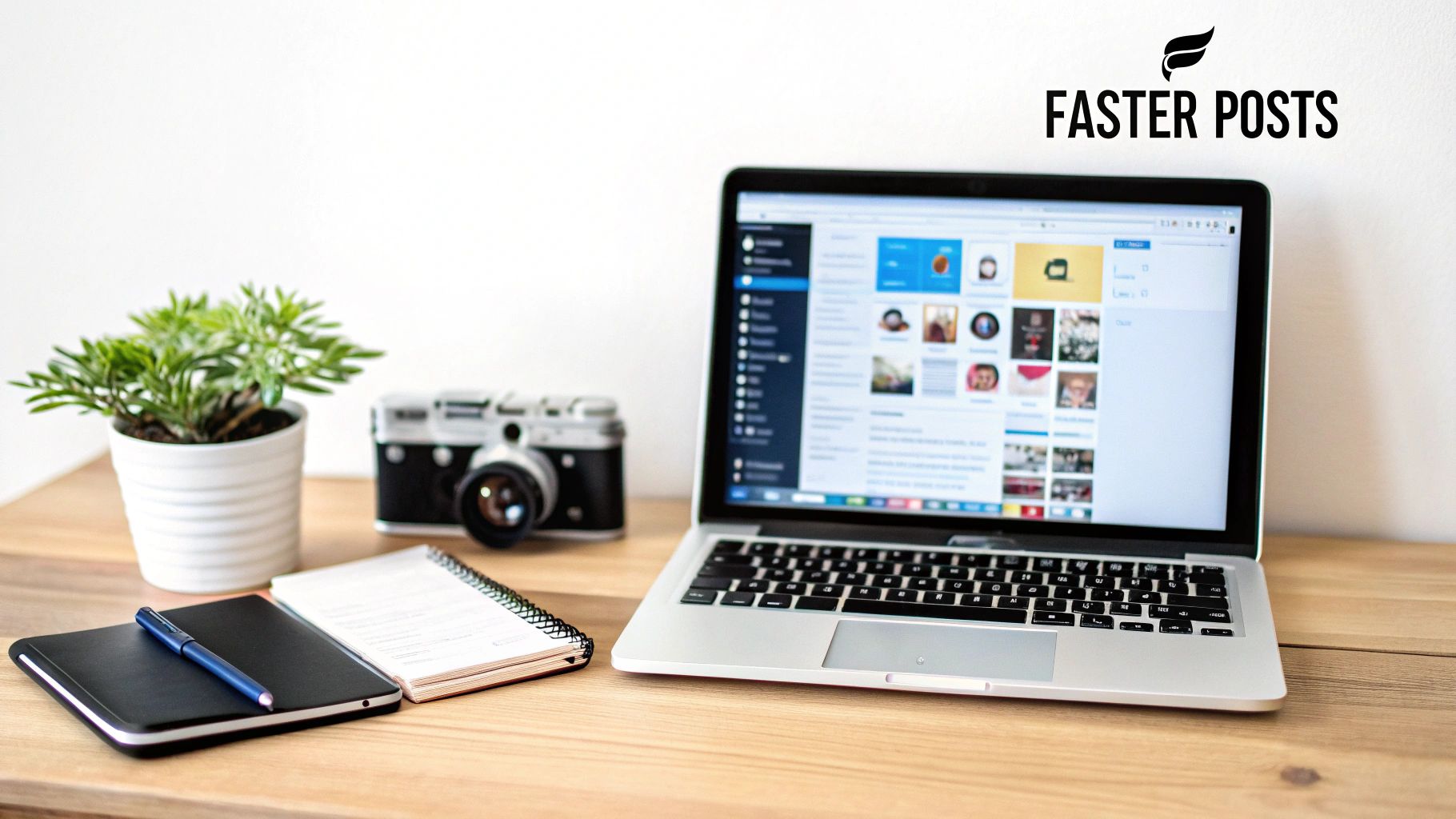 Productive workspace with a laptop displaying a social media feed, plant, and vintage camera.