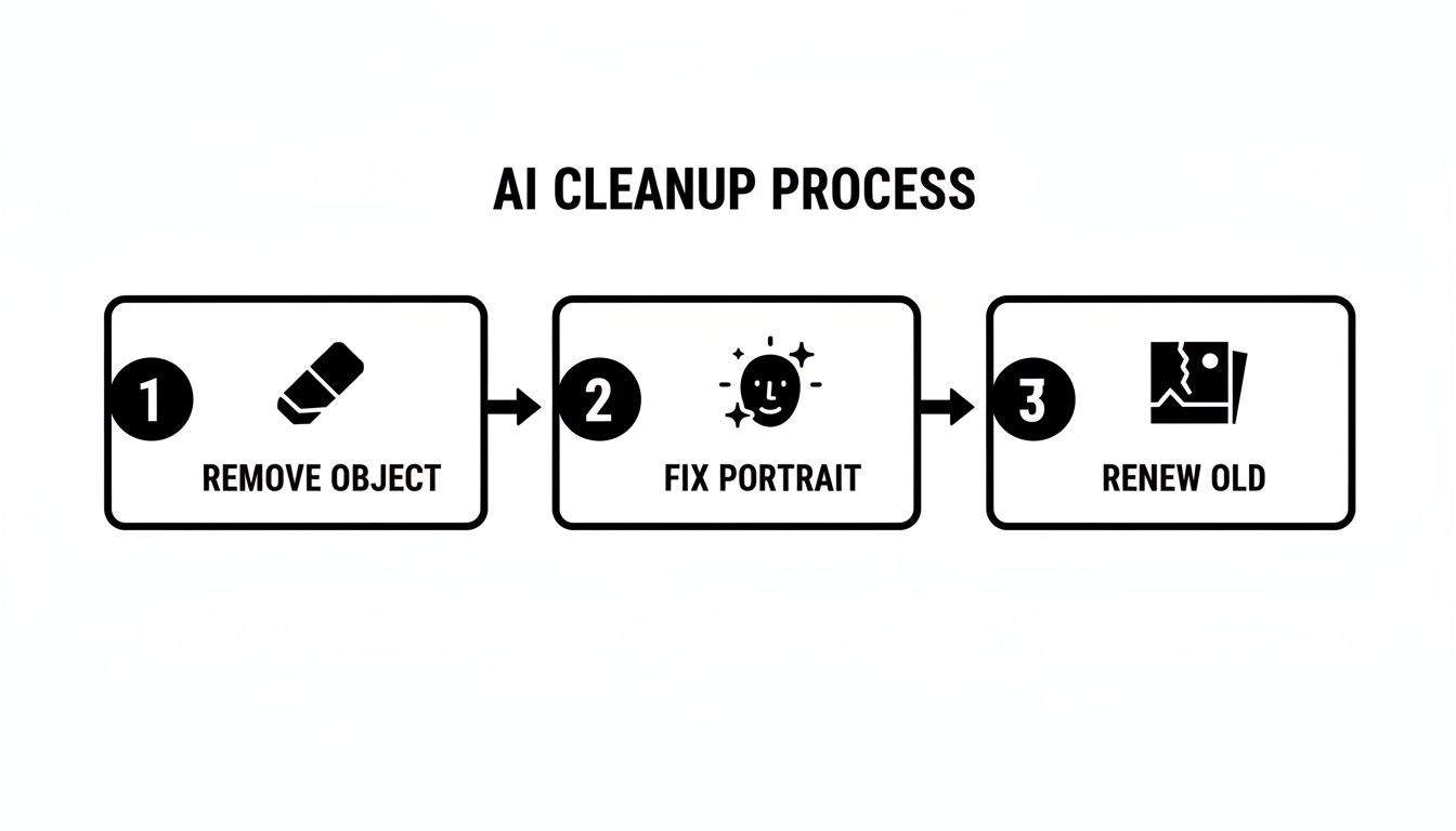 Diagram showing an AI cleanup process with three steps: remove object, fix portrait, and renew old photos.