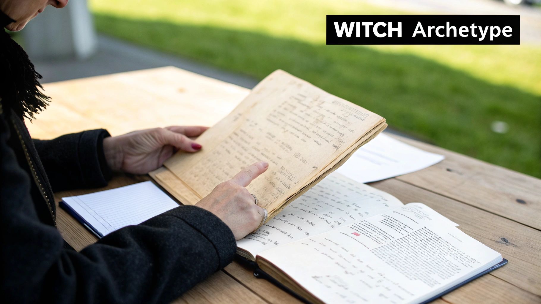 Person's hands pointing at an old handwritten document on a wooden table, with 'WITCH Archetype' text.