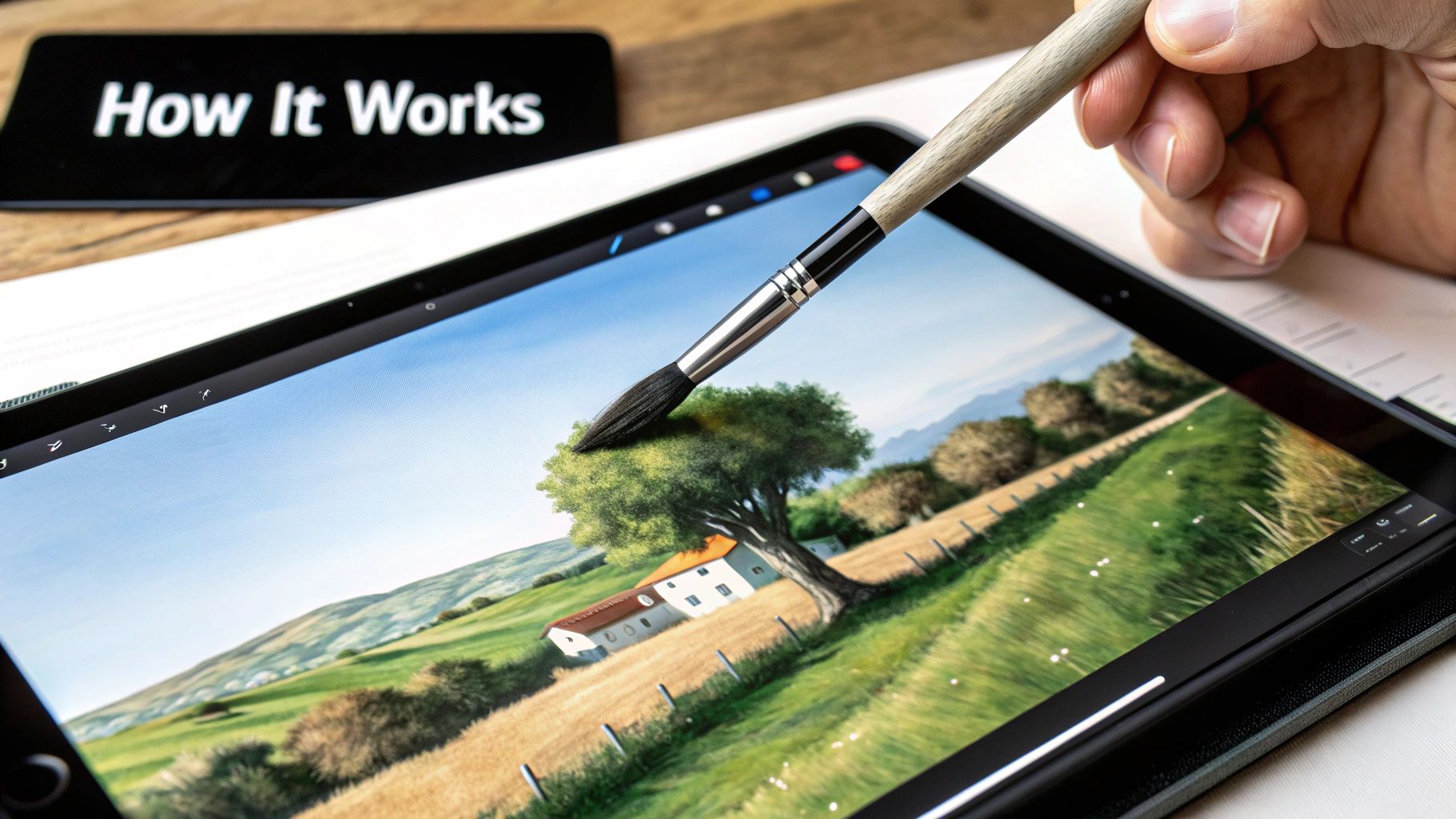 A hand holding a digital brush paints a vibrant rural landscape on a tablet screen.