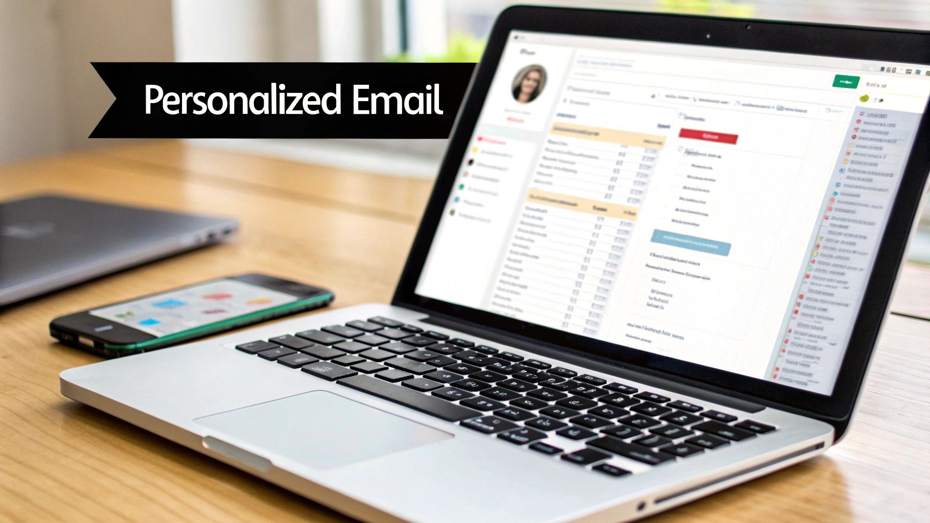 A laptop displaying a personalized email interface, next to a smartphone on a wooden desk.