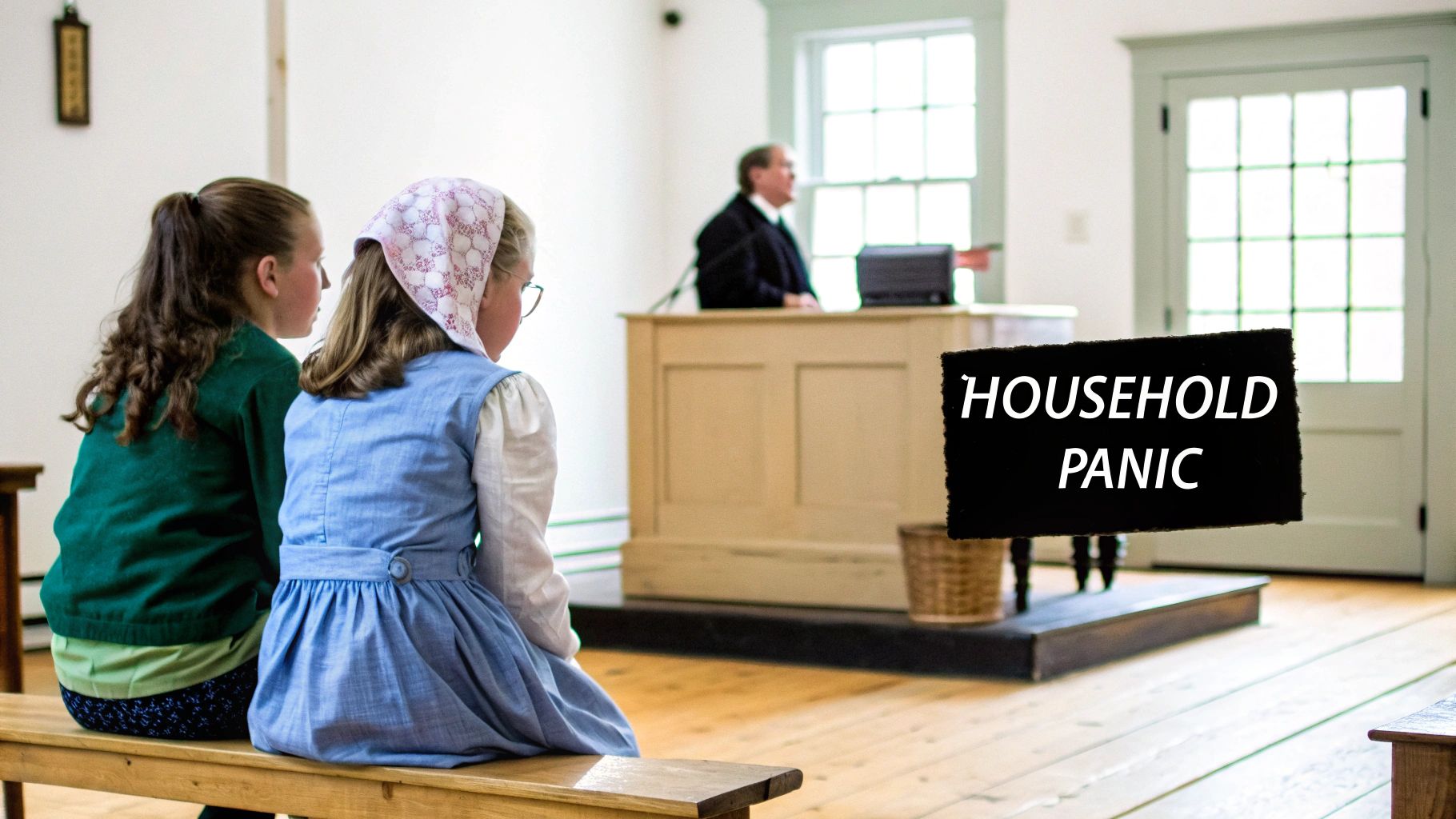 Two girls in historical attire sit on a wooden bench, facing a man at a desk, with a "HOUSEHOLD PANIC" sign.