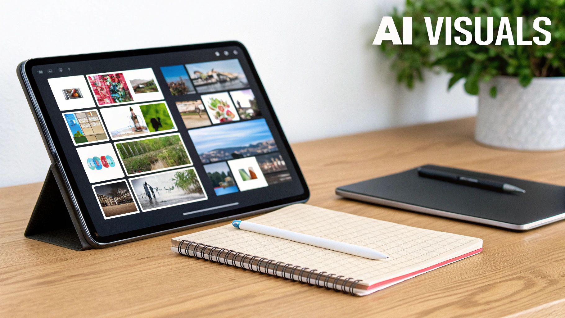 A tablet displaying AI visuals on a wooden desk with a notebook and pen.