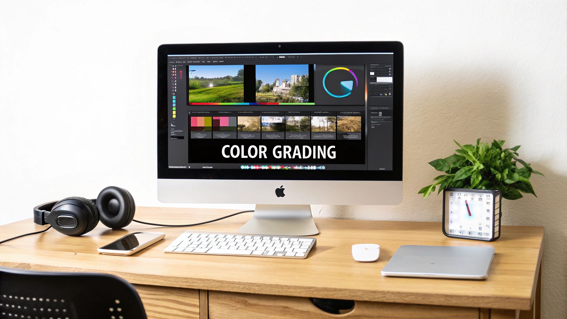 A desk setup featuring an Apple iMac displaying color grading software, headphones, a smartphone, and a plant.