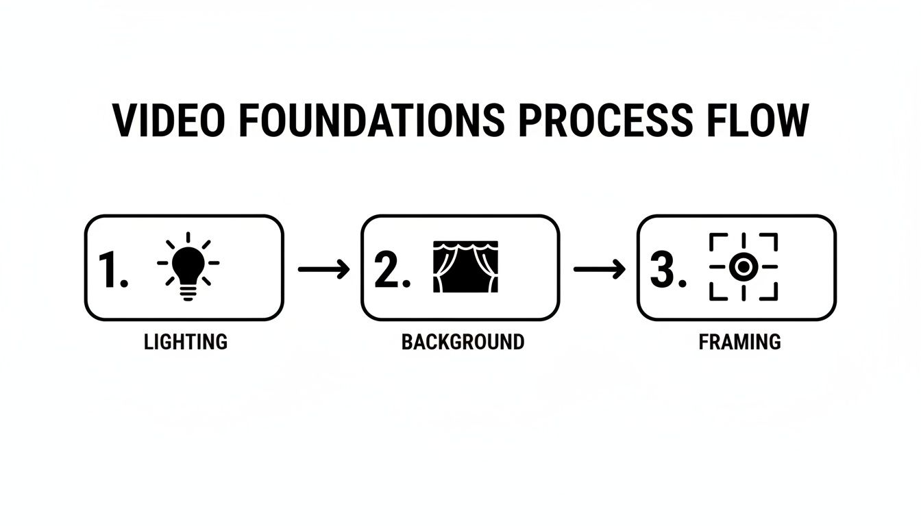 A video foundations process flow diagram showing steps: lighting, background, and framing for quality video.