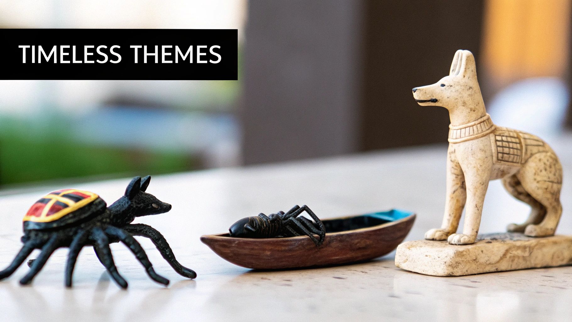 A collection of ancient world-inspired figurines including a scarab, a spider, and an Egyptian dog.