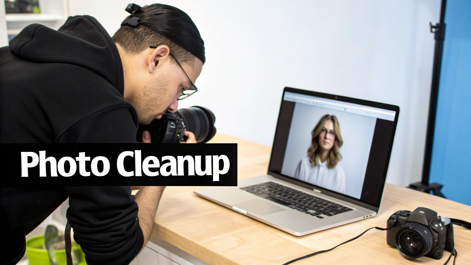 A photographer reviews images on a laptop while holding a camera, with 'Photo Cleanup' text.