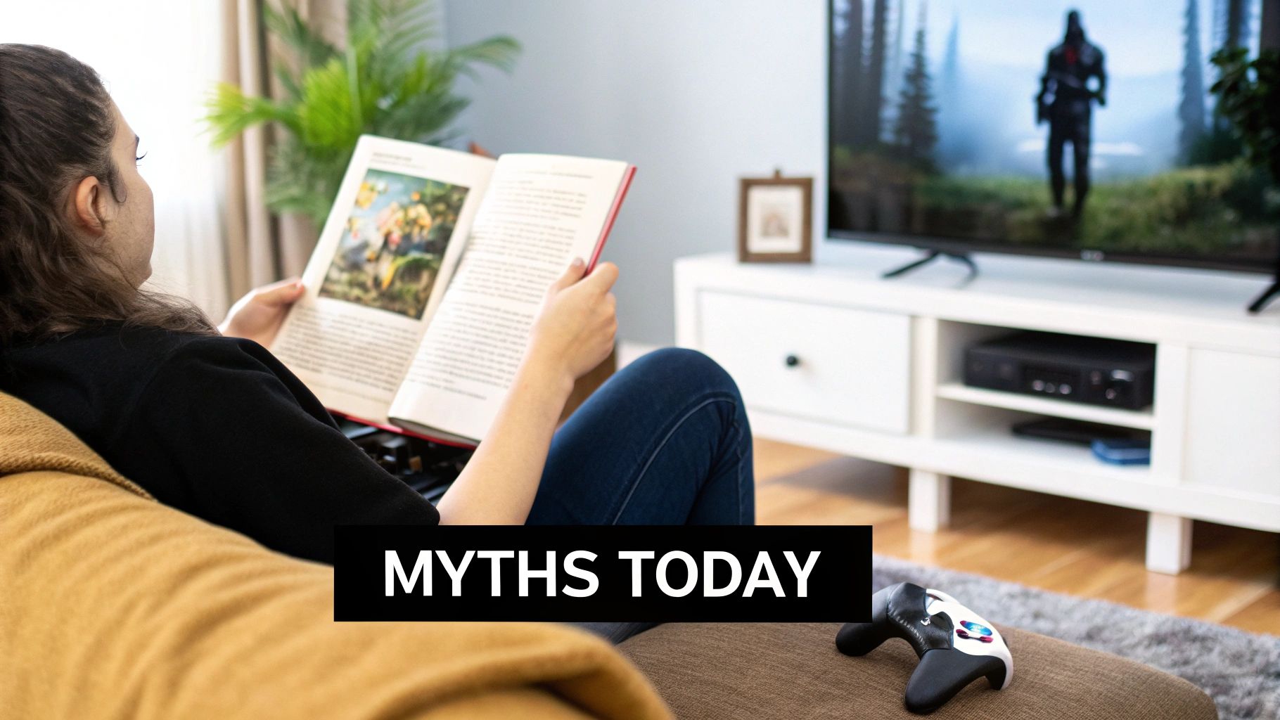 A person reads a book titled 'Myths Today' on a couch, with a video game on TV and a controller.
