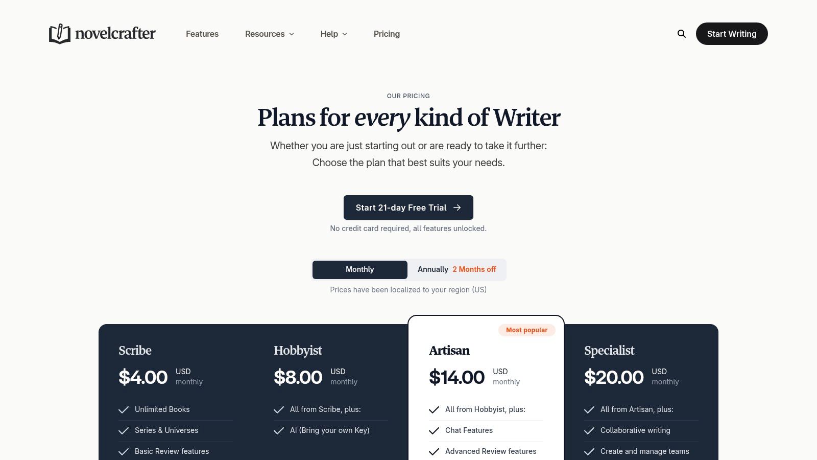 Novelcrafter pricing plans