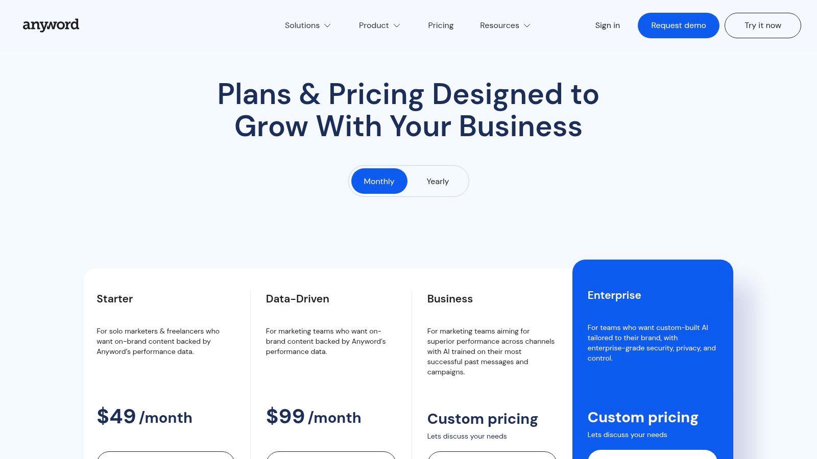 Anyword AI pricing and plans