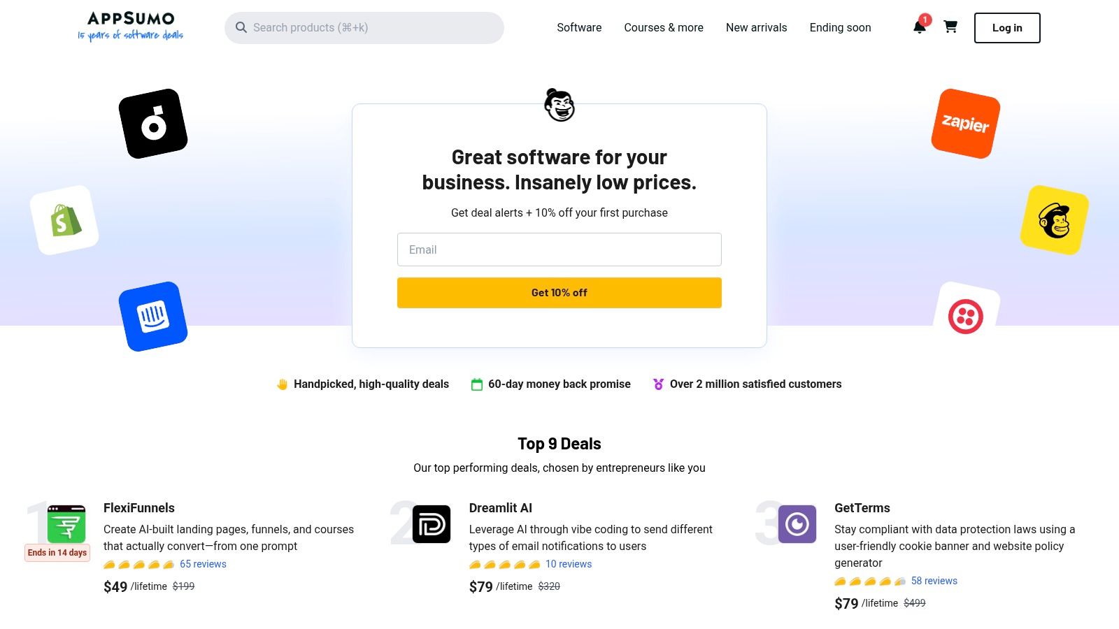 AppSumo's marketplace showing deals on various software tools.