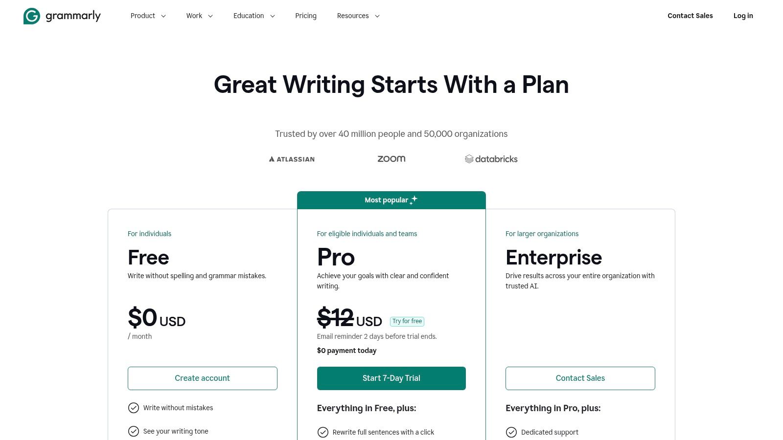 Grammarly pricing plans