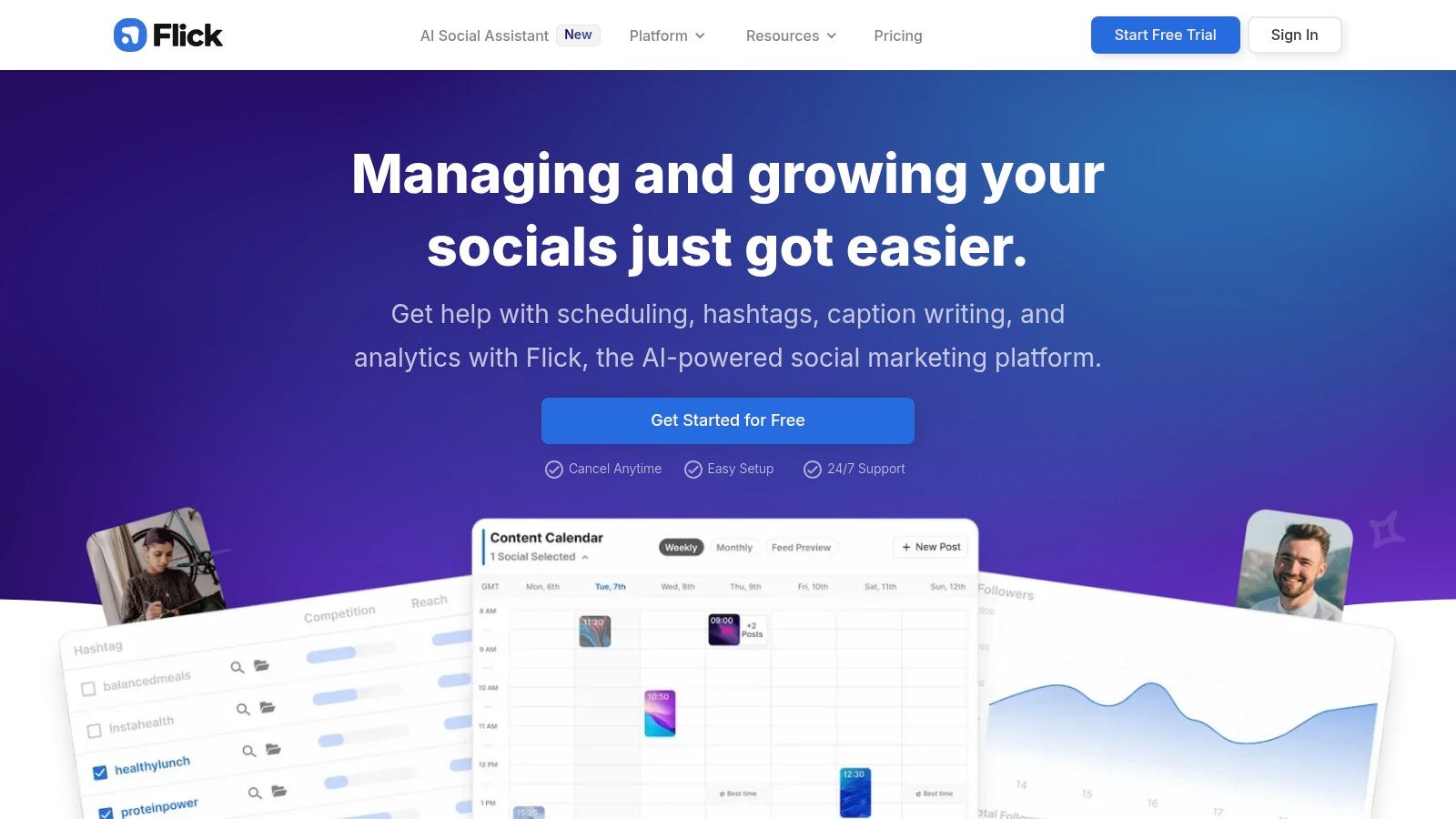 Flick's user interface showcasing its AI content assistant and hashtag suggestions.