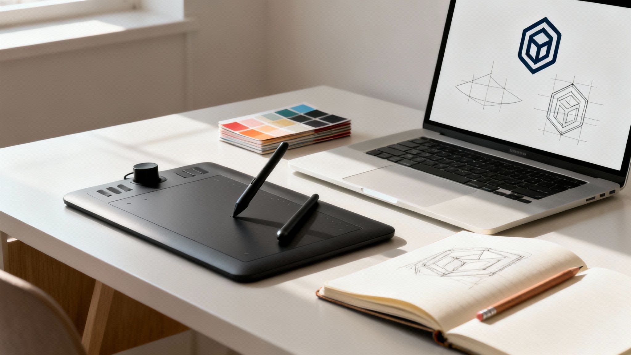 A creative workspace with a laptop, graphics tablet, color palette, and design sketches on a notebook.