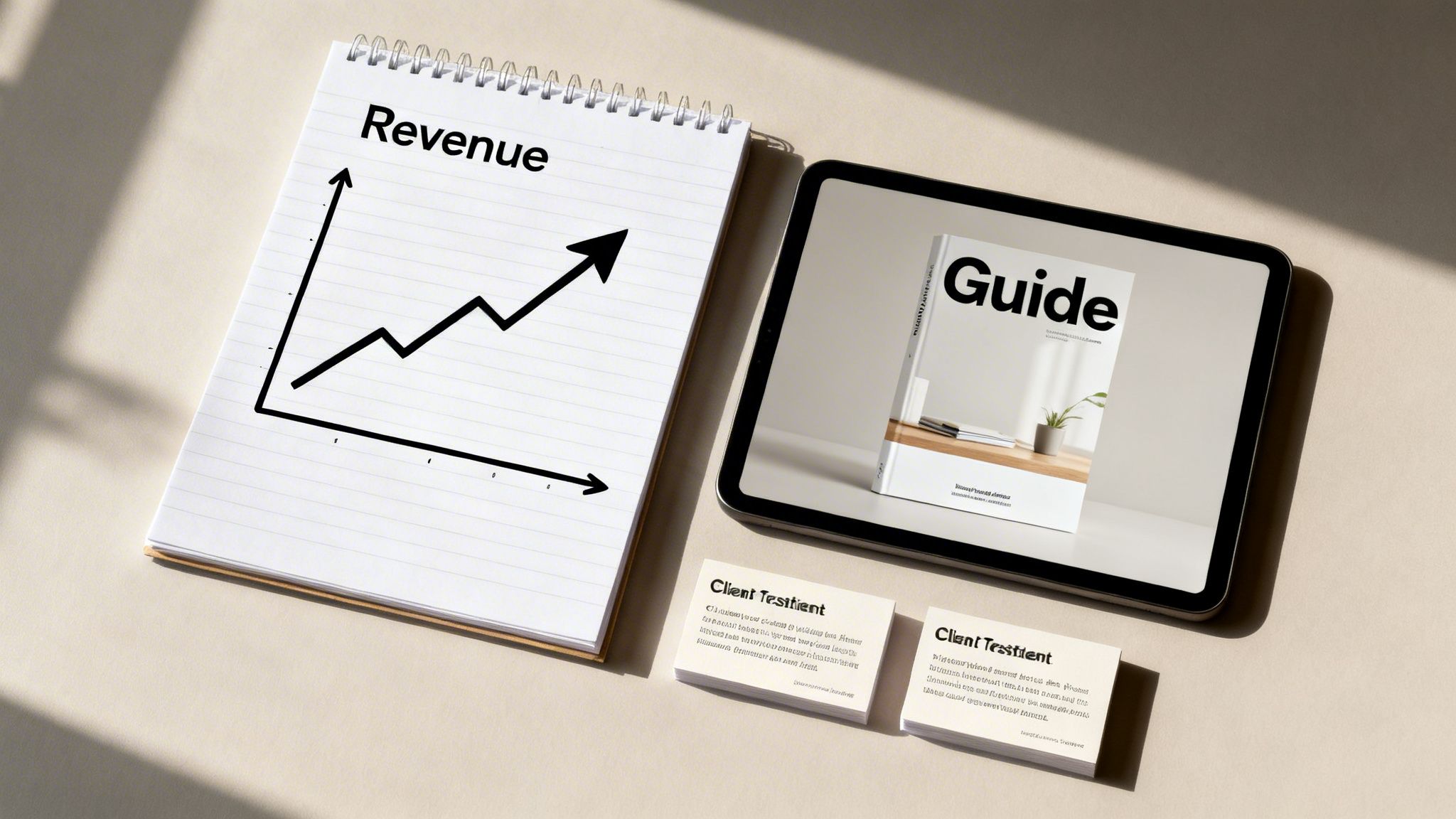A flat lay of a notebook with a revenue growth chart, a tablet showing a guide, and client testimonial cards.
