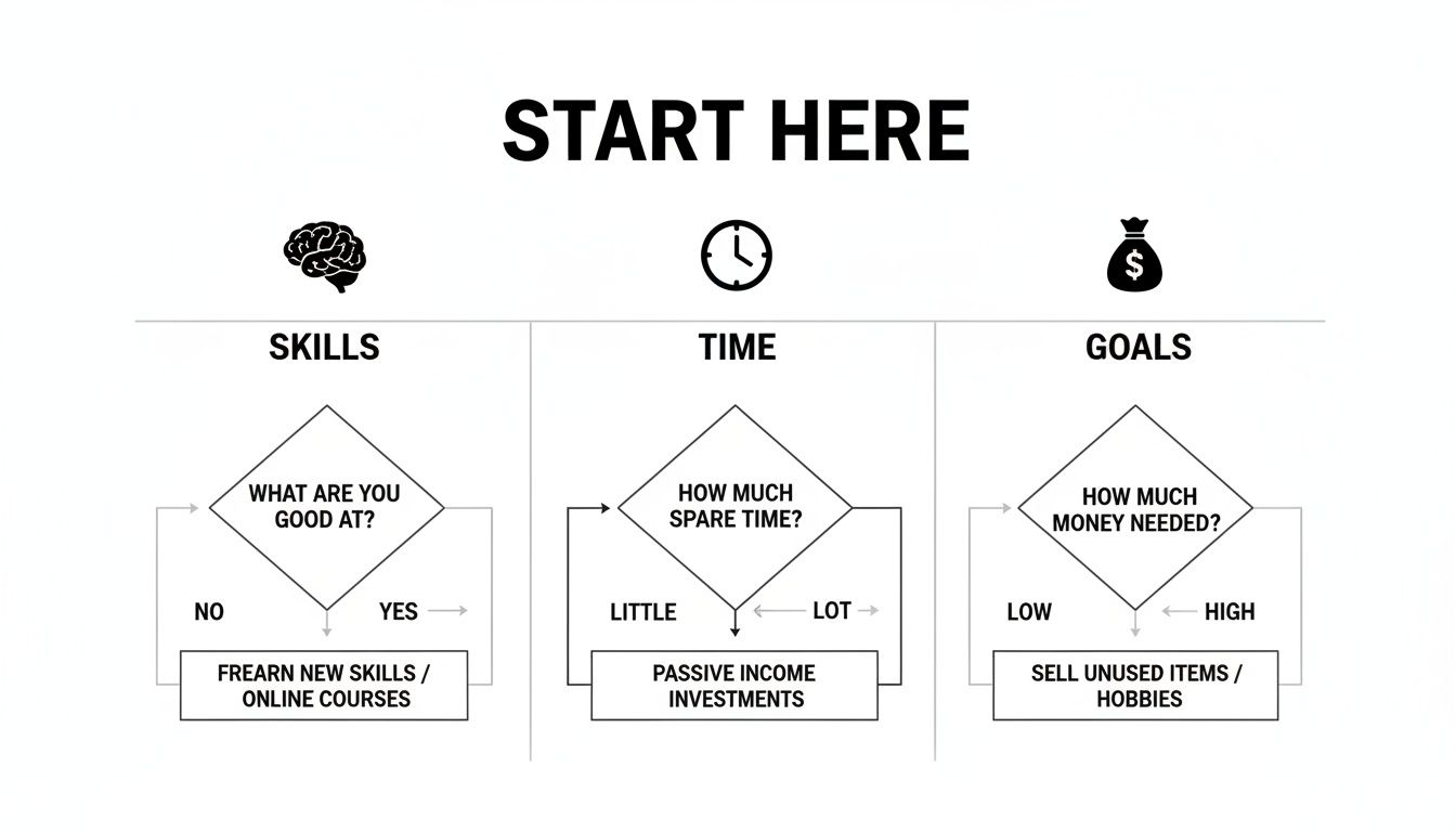 A flowchart illustrating decisions for making extra income based on skills, time, and financial goals.