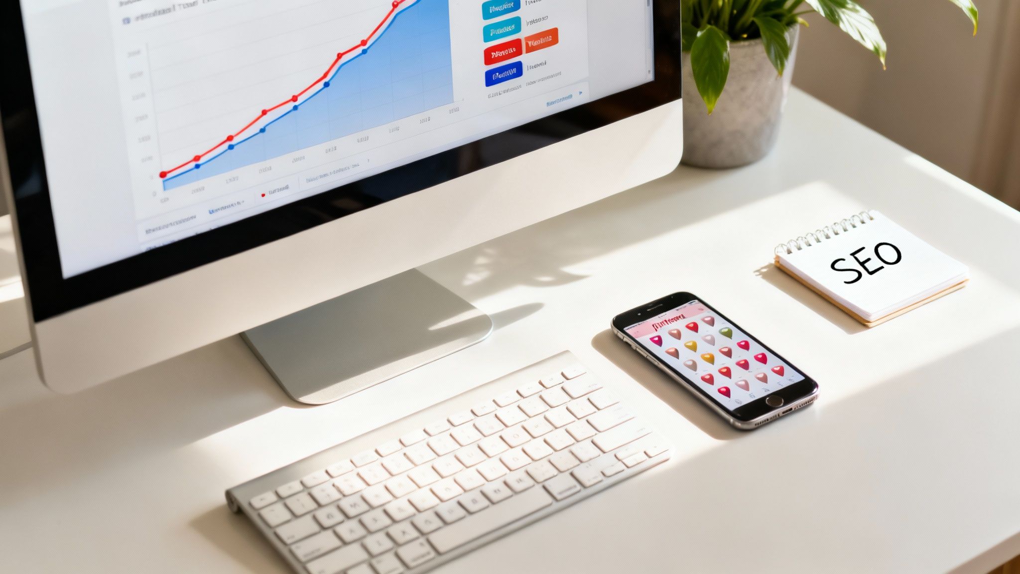 Desktop computer showing data analytics, a smartphone, and an 'SEO' notepad on a clean white desk.