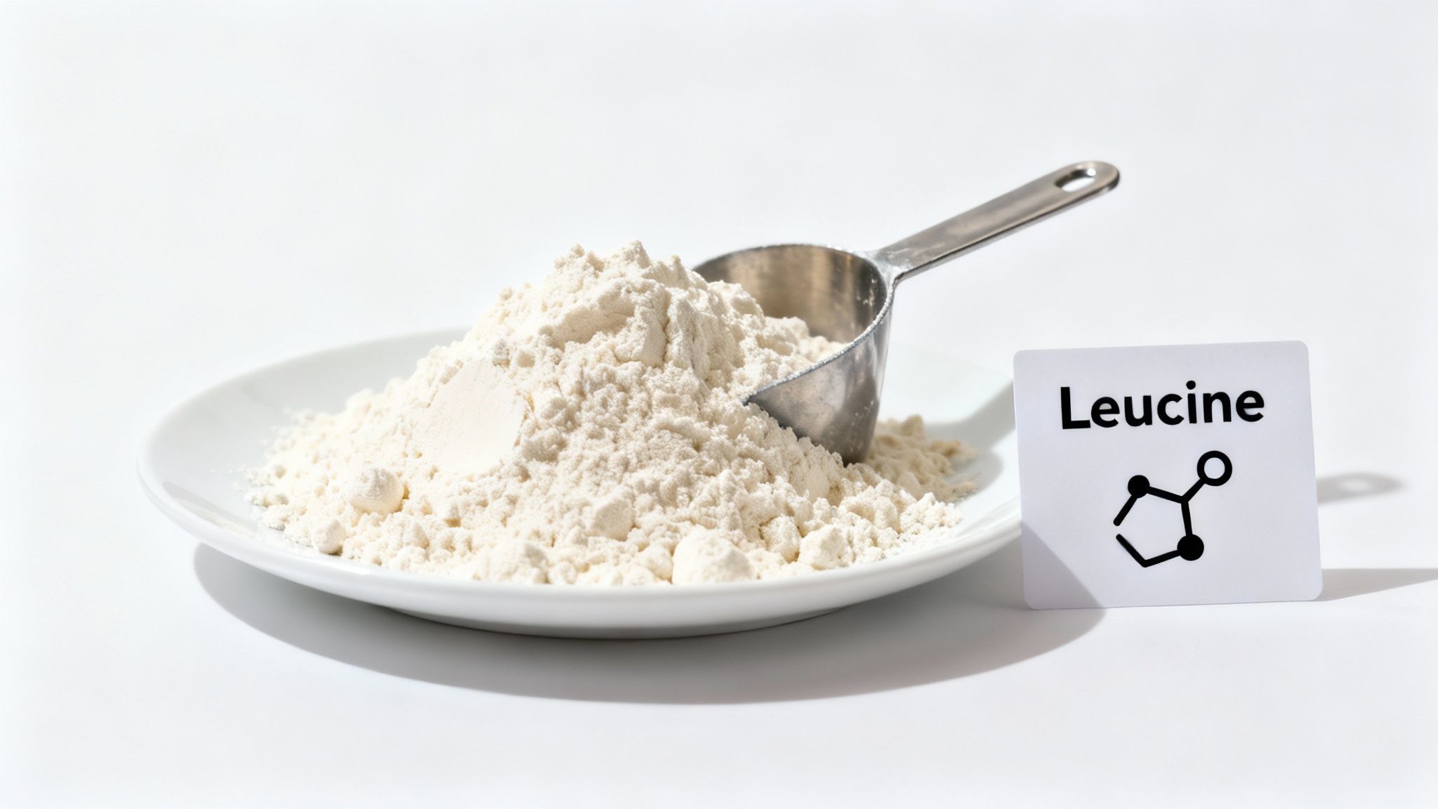 A white plate holds a pile of leucine powder with a measuring scoop and a card displaying 'Leucine' and its chemical structure.