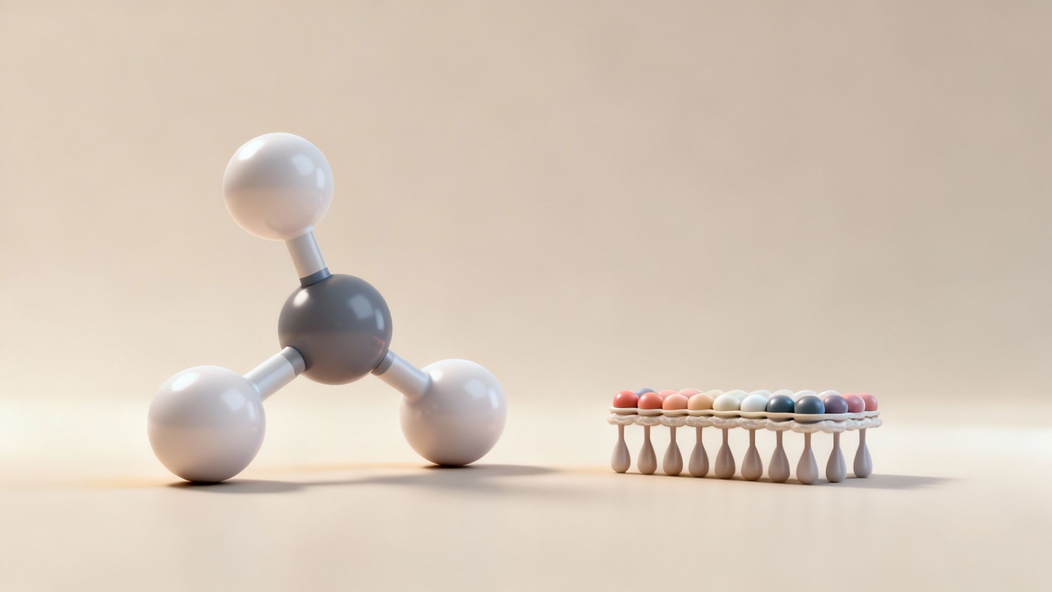 A scientific rendering shows a molecule model with a grey central atom and a colorful cellular structure.