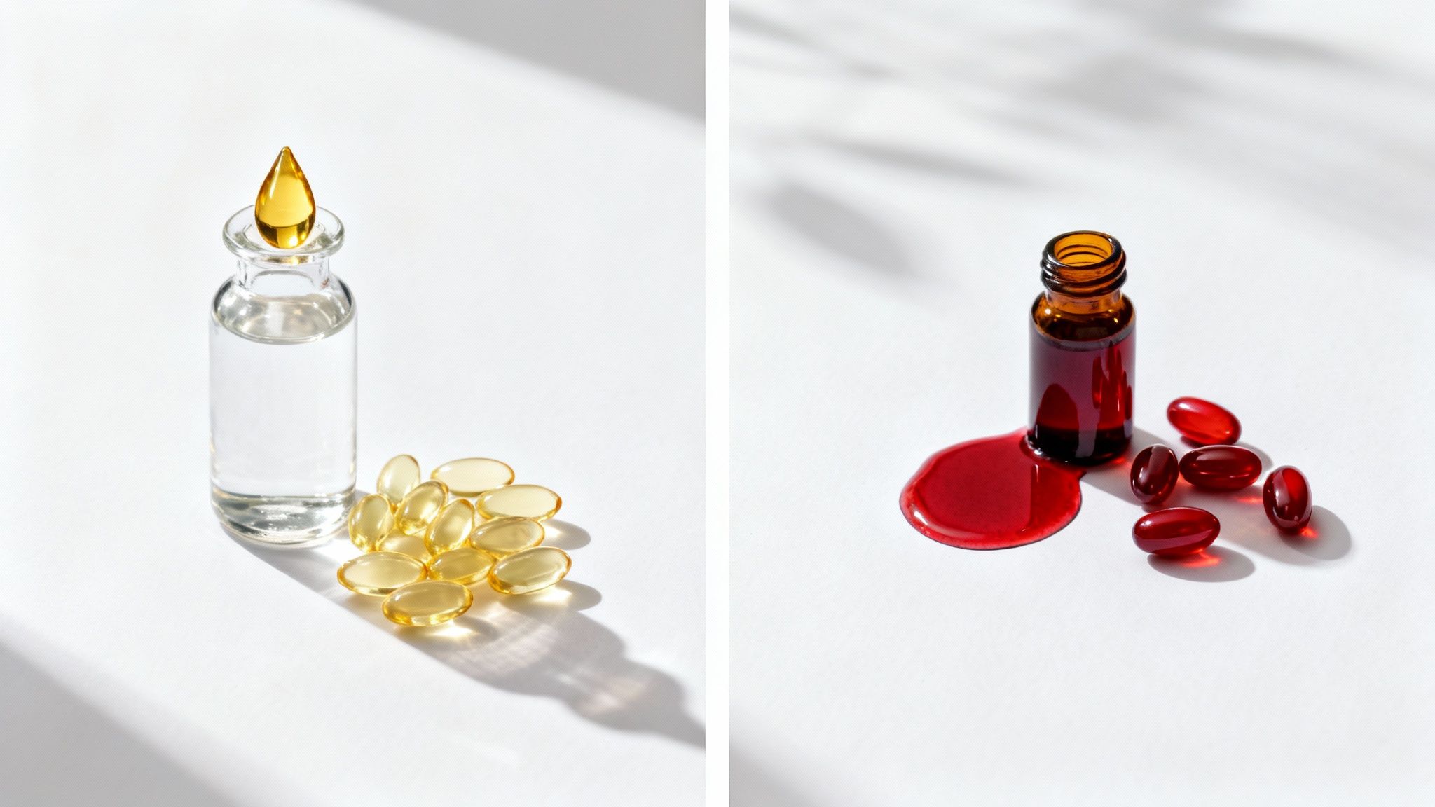 Two sets of health supplements: clear vial with yellow capsules and amber bottle with red capsules on white.