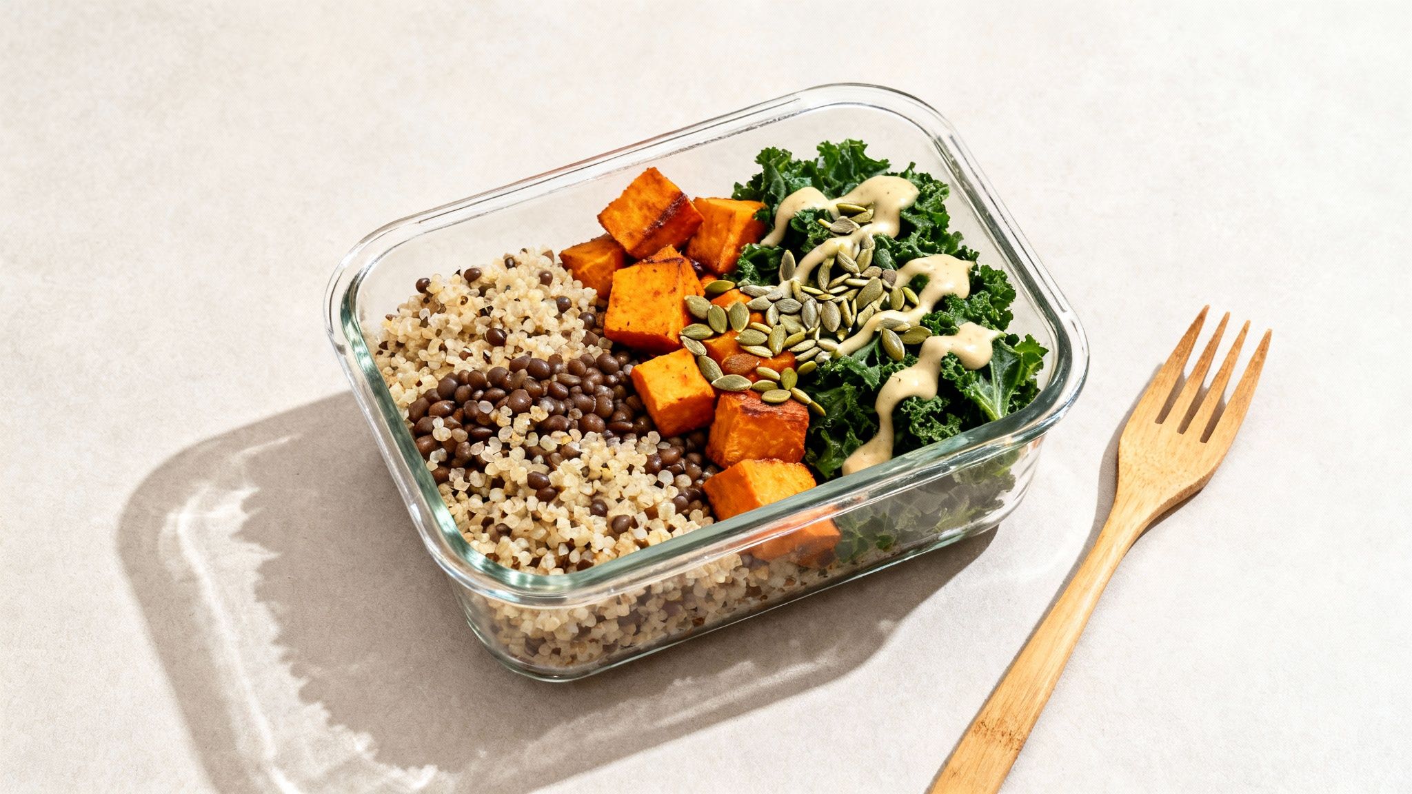A glass meal prep container filled with quinoa, lentils, sweet potato, kale, and dressing.