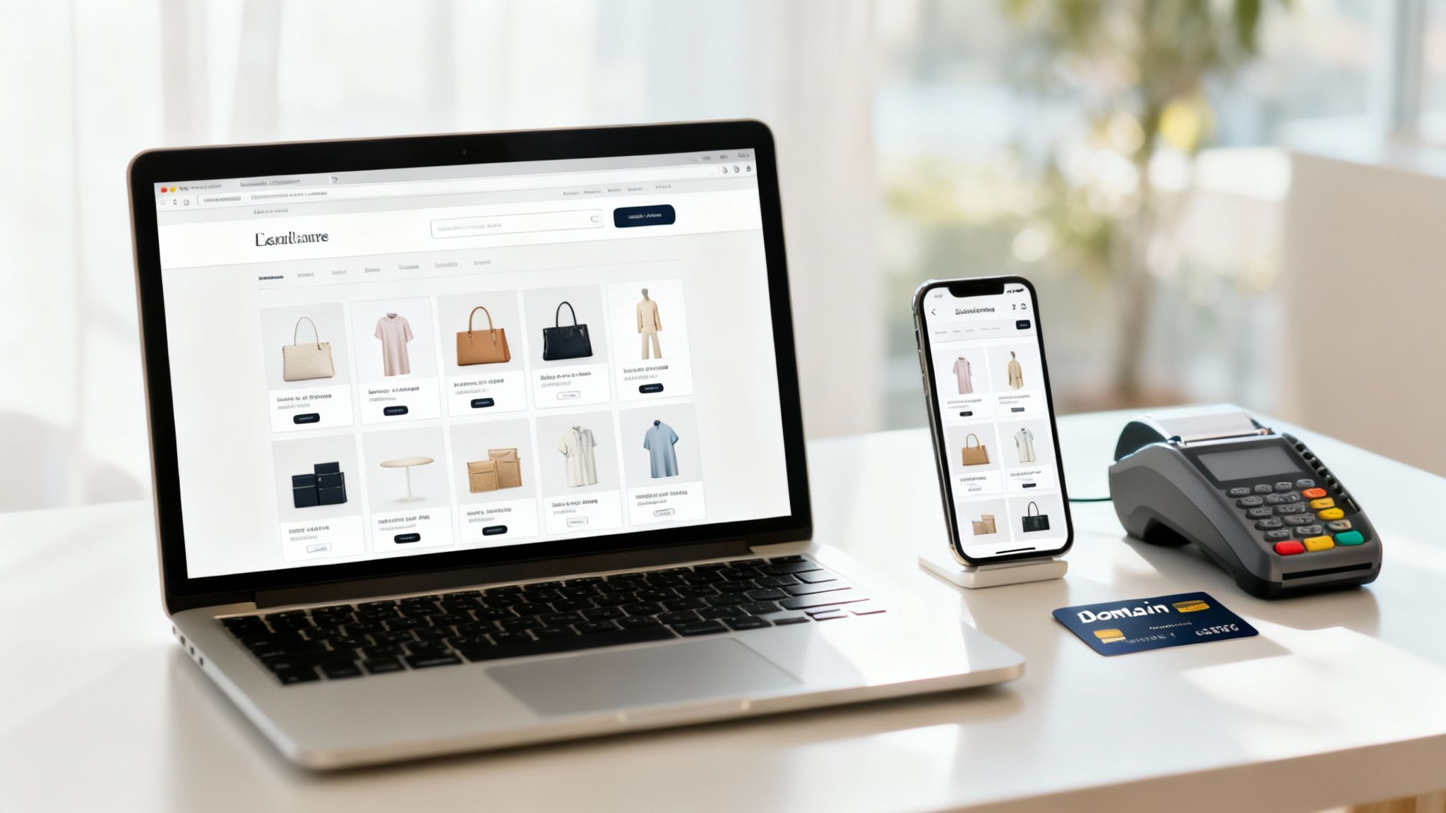 Laptop and smartphone displaying an online fashion store, with a credit card and payment terminal.