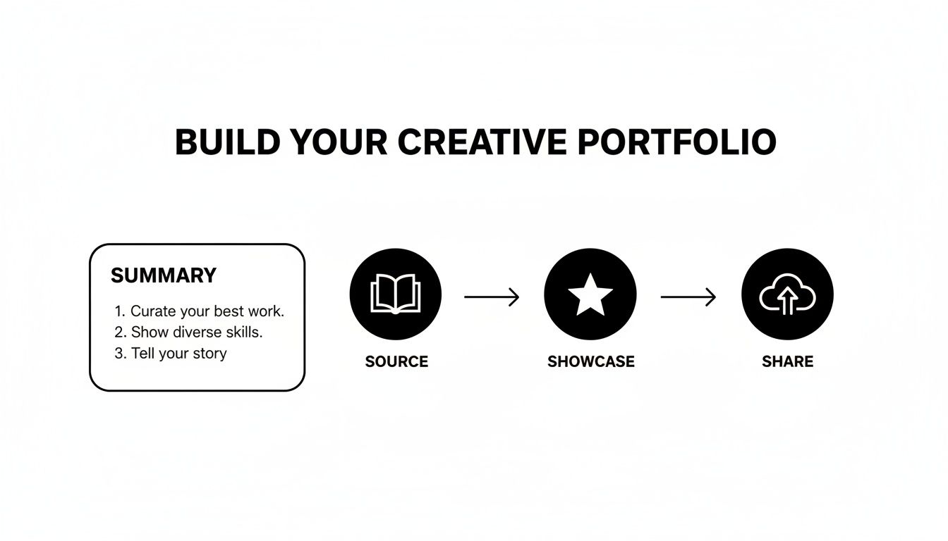 Infographic illustrating how to build a creative portfolio, with steps to source, showcase, and share your work.