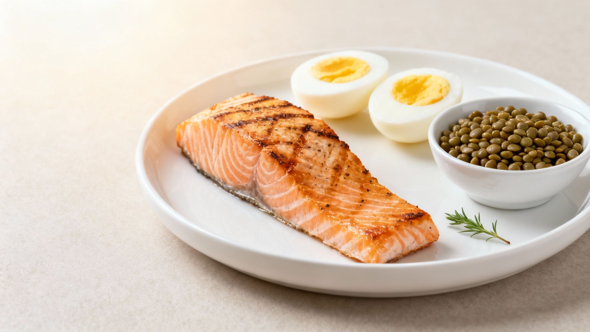 Grilled salmon fillet, hard-boiled eggs, and green lentils on a white plate, garnished with rosemary.