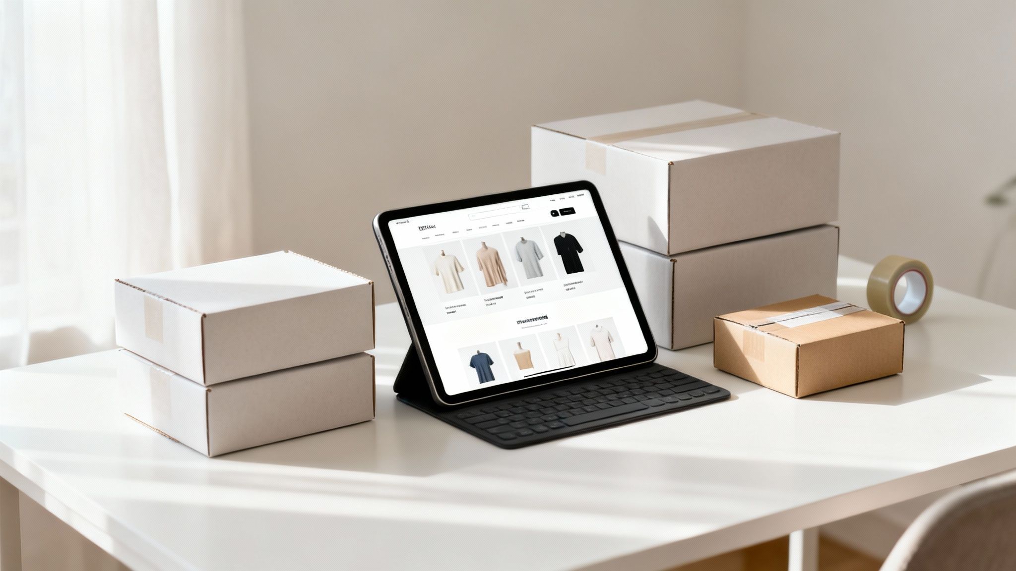 A tablet displaying an e-commerce website with clothing, surrounded by shipping boxes and tape on a table.
