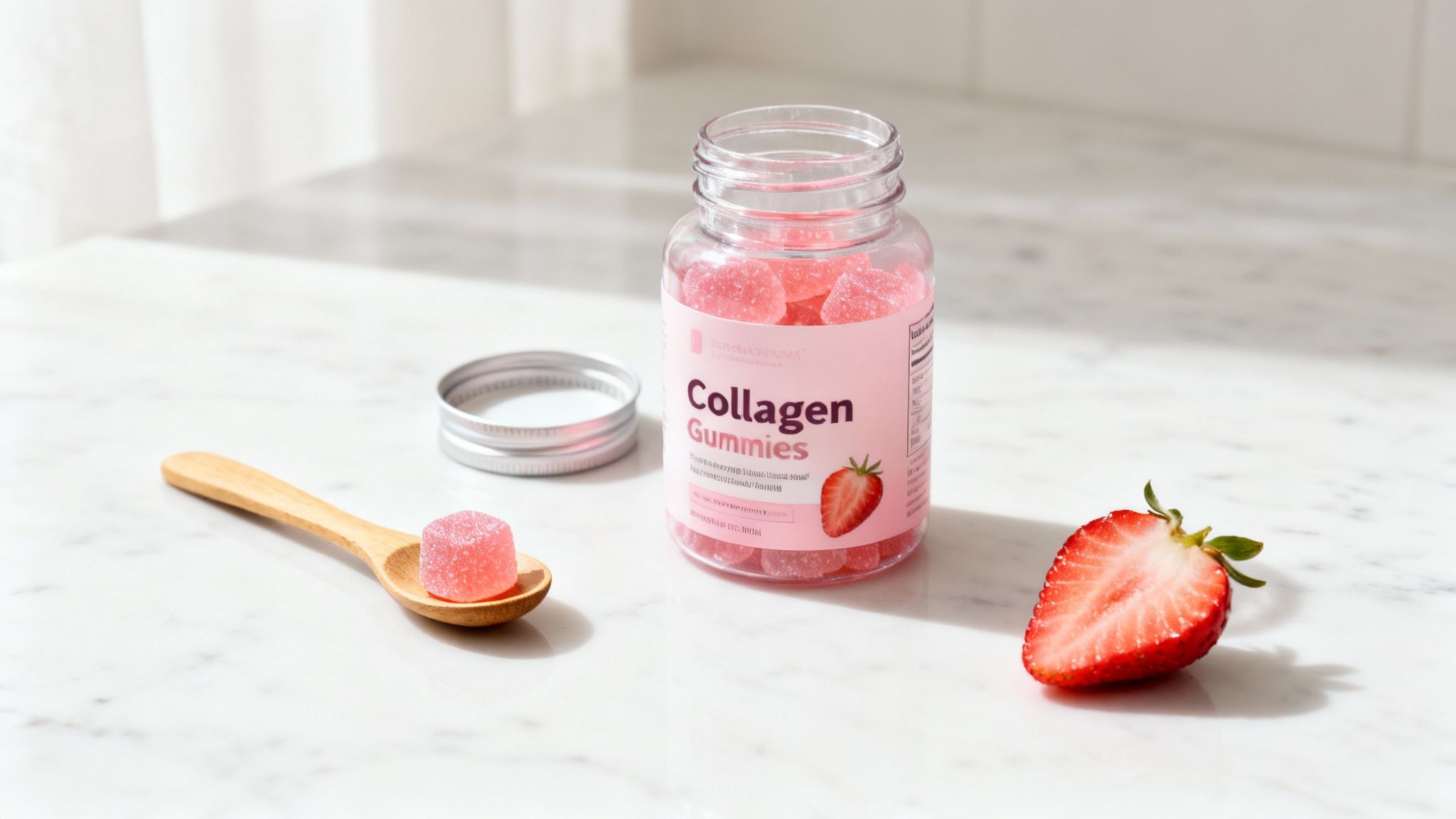 Pink collagen gummies in a clear jar, displayed with a wooden spoon holding a gummy and a fresh strawberry.