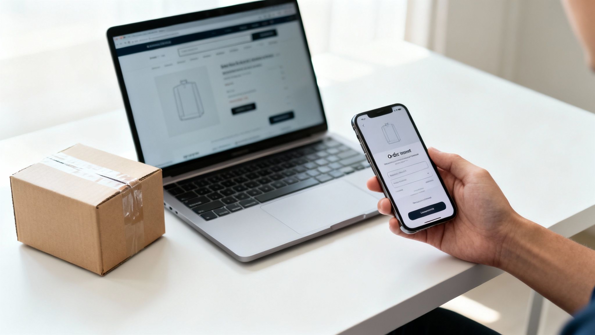Person using smartphone and laptop for online shopping, with a package on a white table.