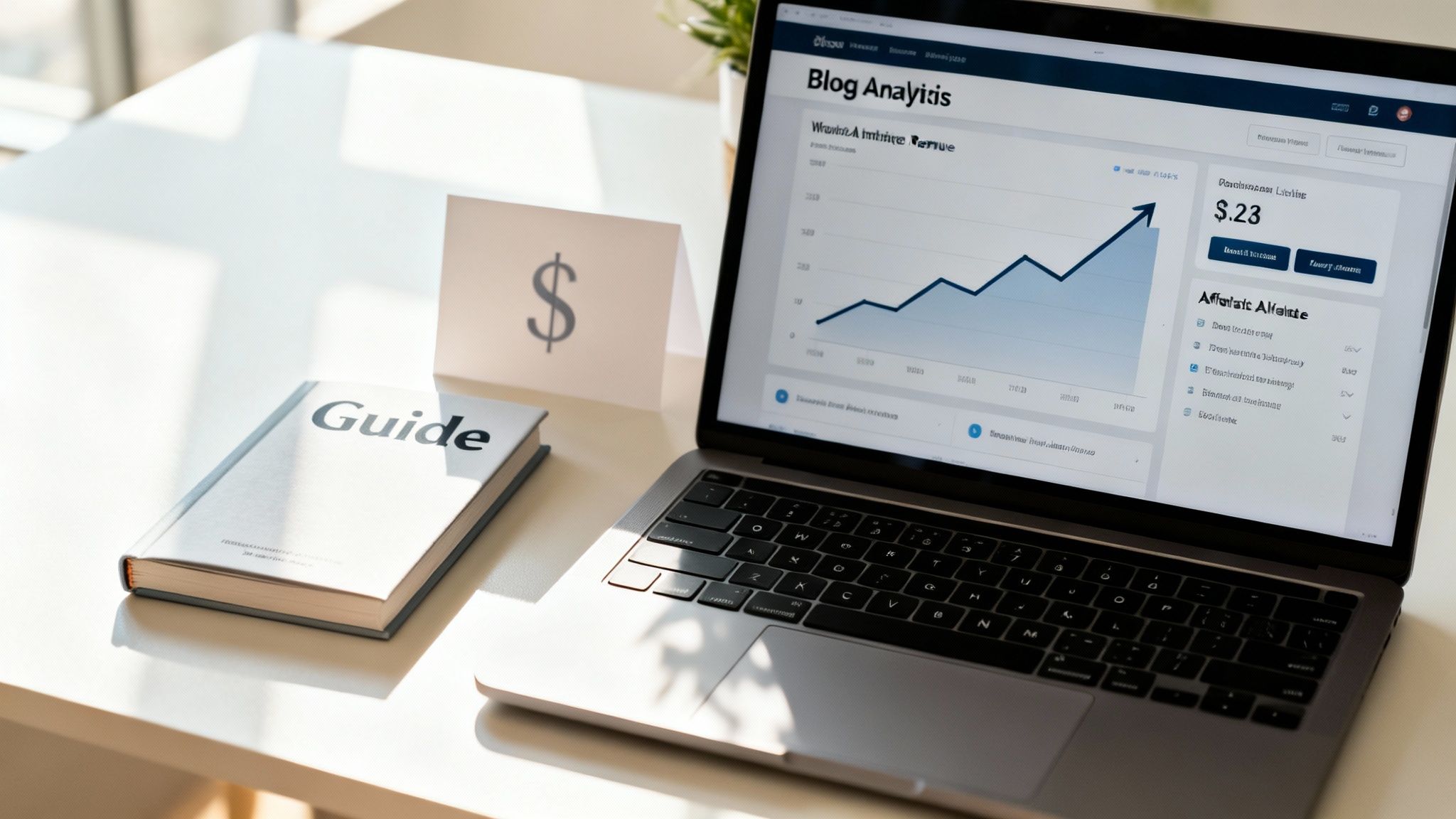 A laptop displays blog analytics with an upward trend, next to a 'Guide' book and a dollar sign.