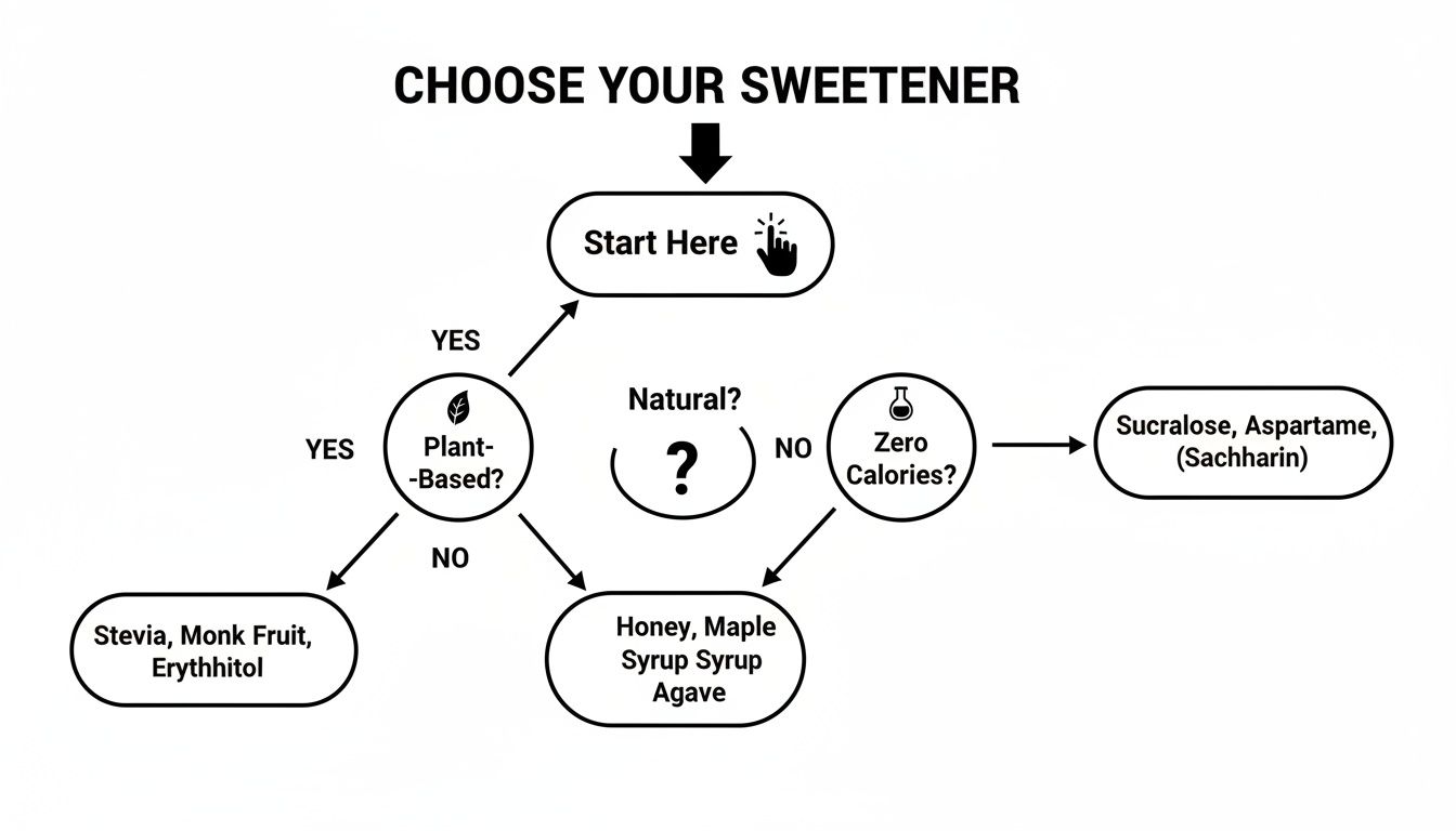 A flowchart guiding users to choose a sweetener based on plant-based, natural, or zero-calorie preferences.