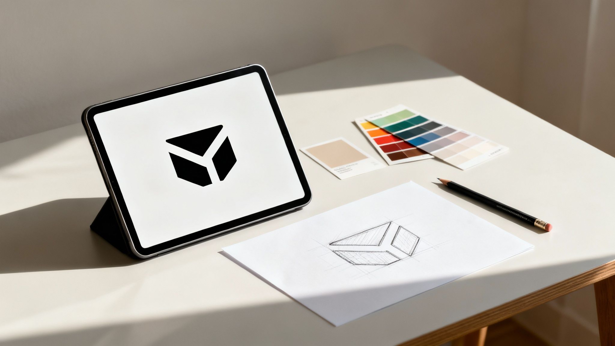 A design workspace with a tablet displaying a logo, a sketch, color swatches, and a pencil.