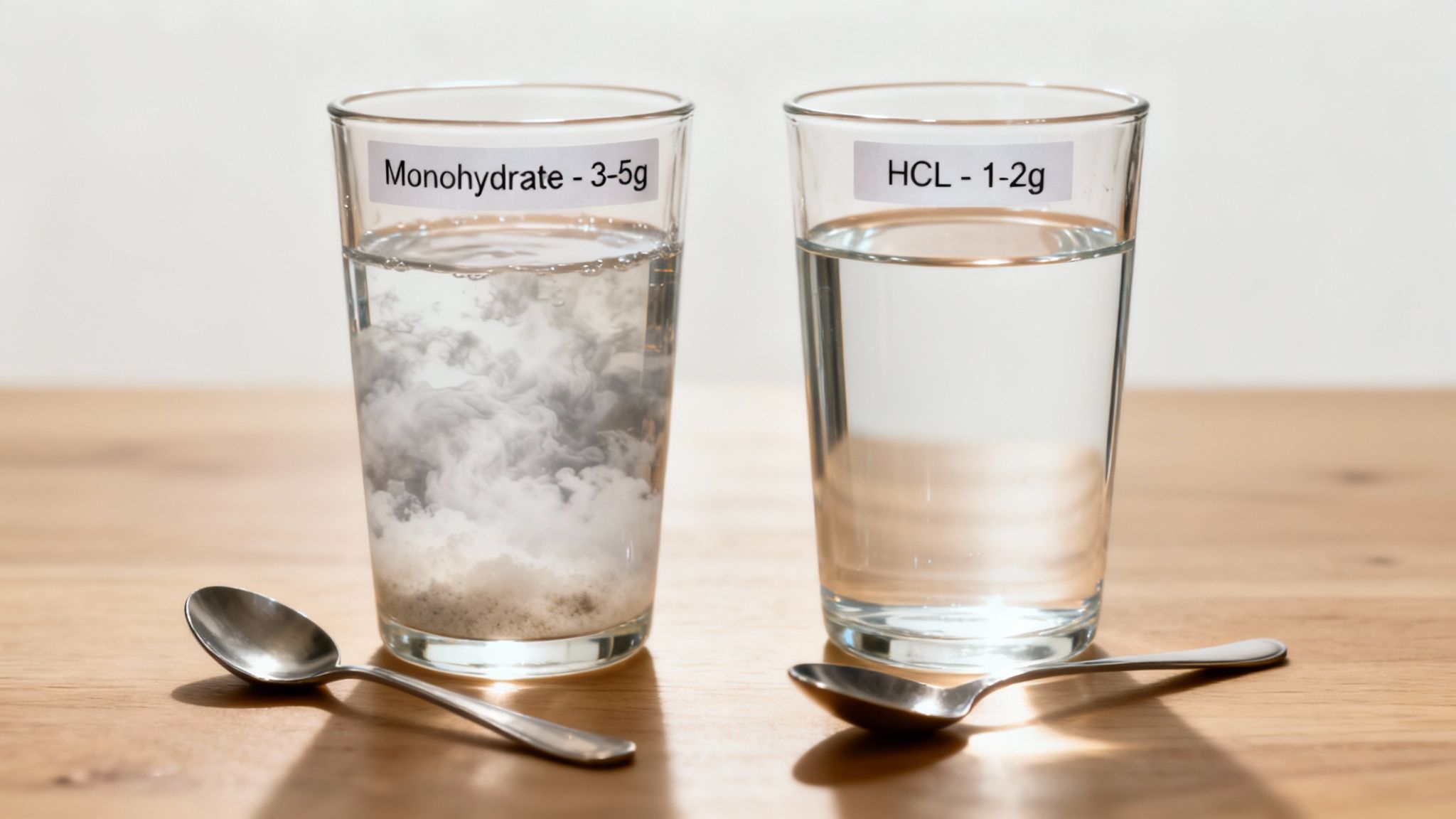 Two glasses on a wooden table comparing creatine monohydrate and HCL dissolving in water, with dosage labels.