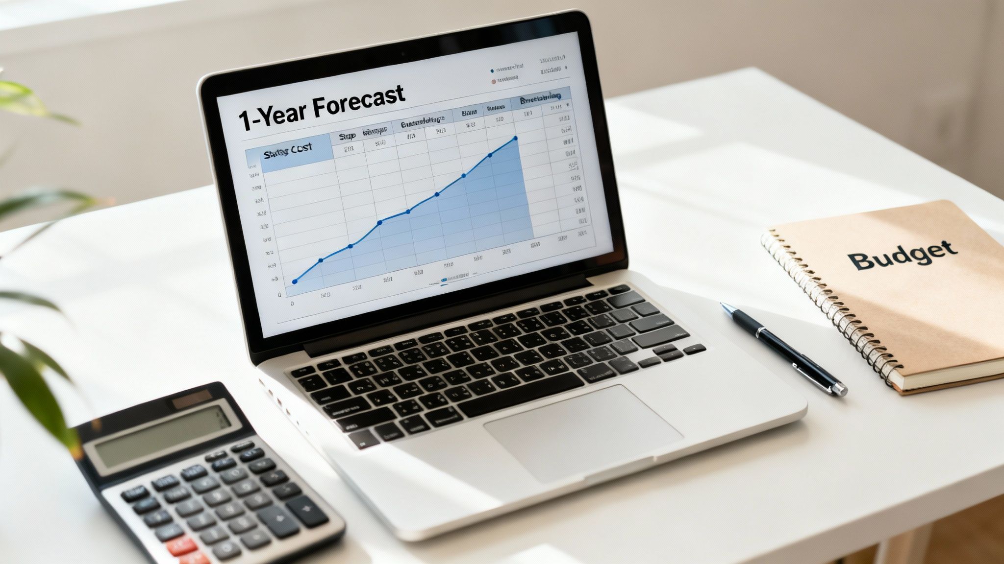 Desk setup with laptop displaying a '1-Year Forecast' graph, a calculator, pen, and 'Budget' notebook.