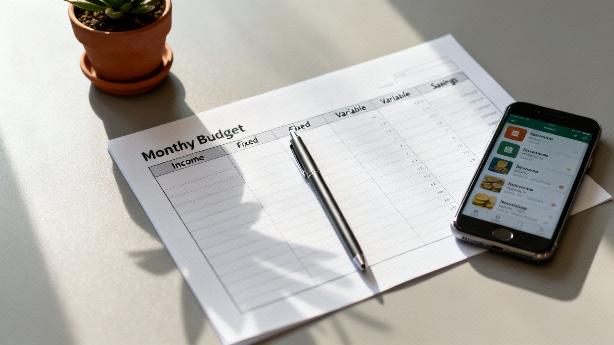 A monthly budget sheet, a pen, a smartphone with a finance app, and a plant on a desk.