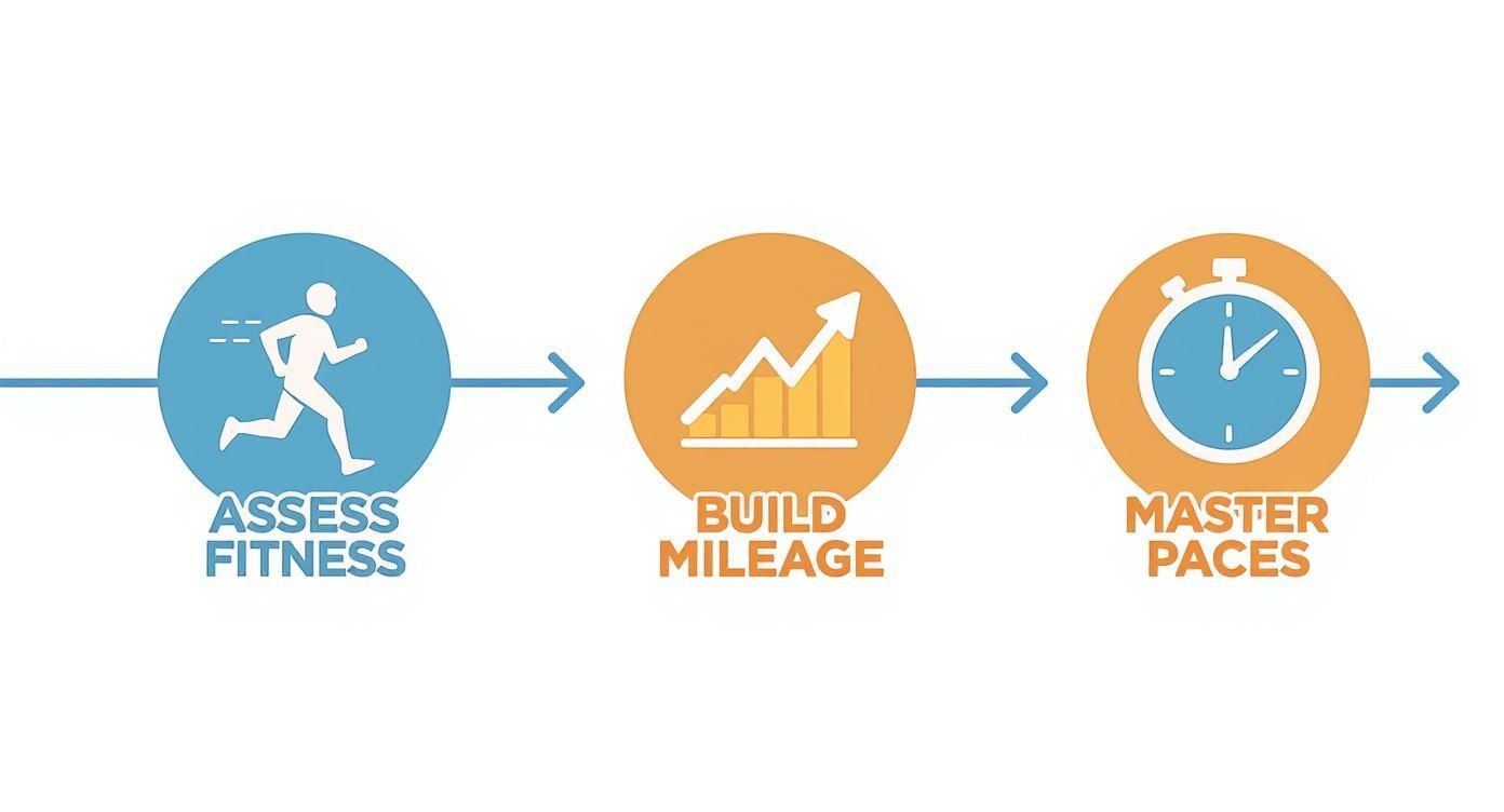 Diagram showing three steps for running training: assess fitness, build mileage, and master paces.