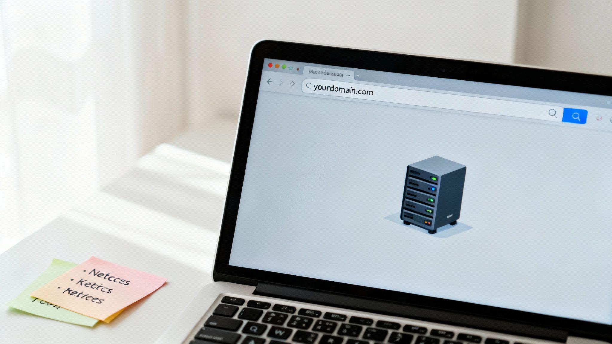 Laptop screen displaying a web browser with 'yourdomain.com' and a server icon, on a white desk.