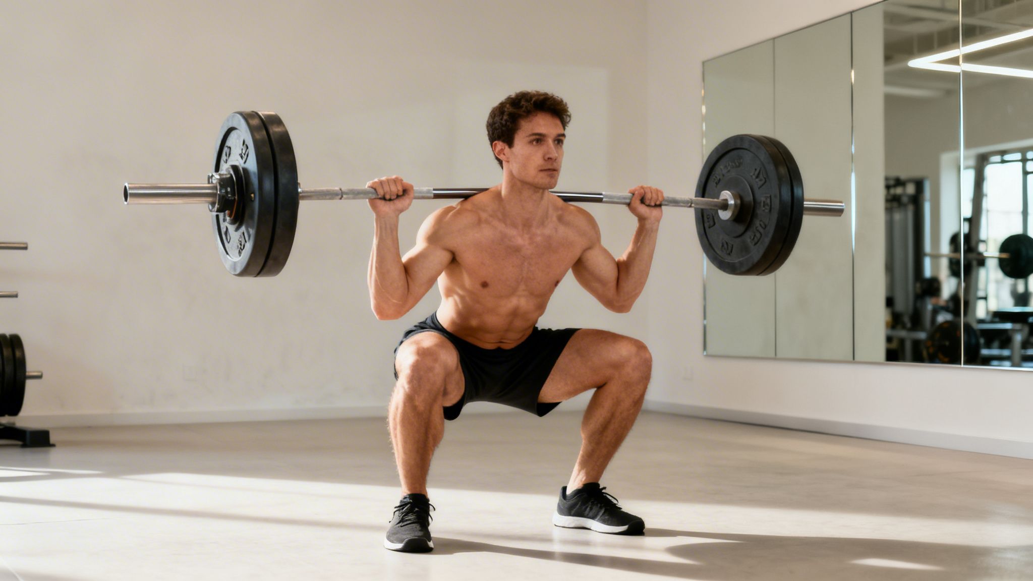 A shirtless muscular man performs a barbell squat in a bright gym, focused on his workout.
