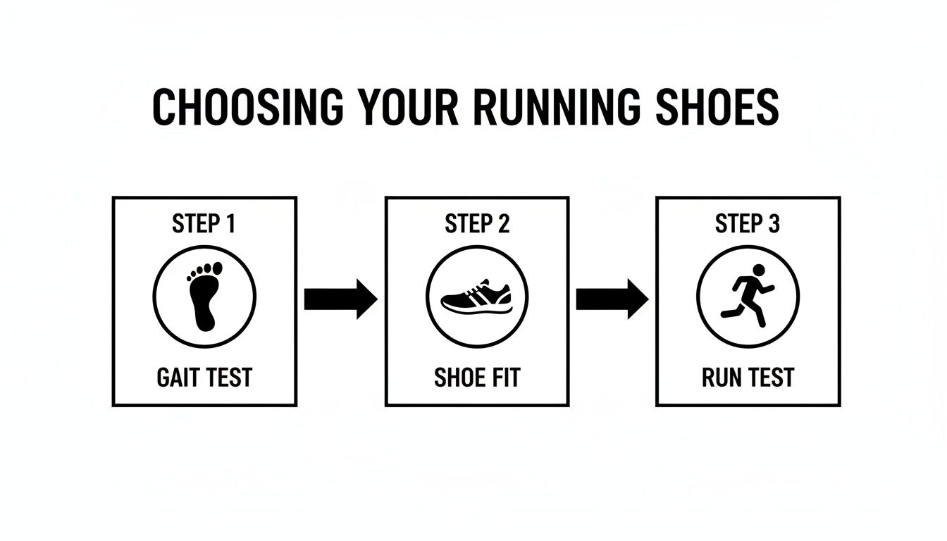 Flowchart illustrating three steps to choose running shoes: gait test, shoe fit, and run test.