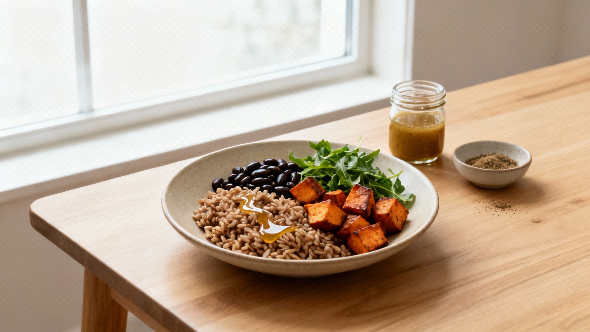 A healthy grain bowl with black beans, roasted sweet potatoes, arugula, and dressing on a wooden table.