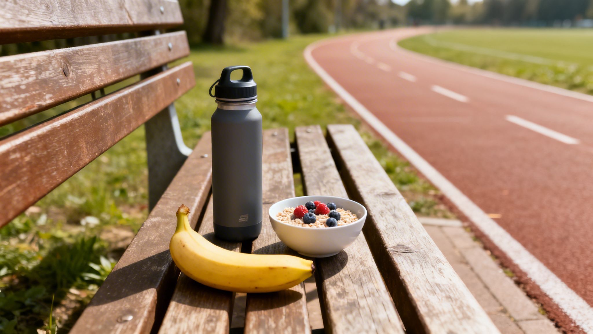 A healthy post-workout snack and water bottle on a wooden bench next to a running track.
