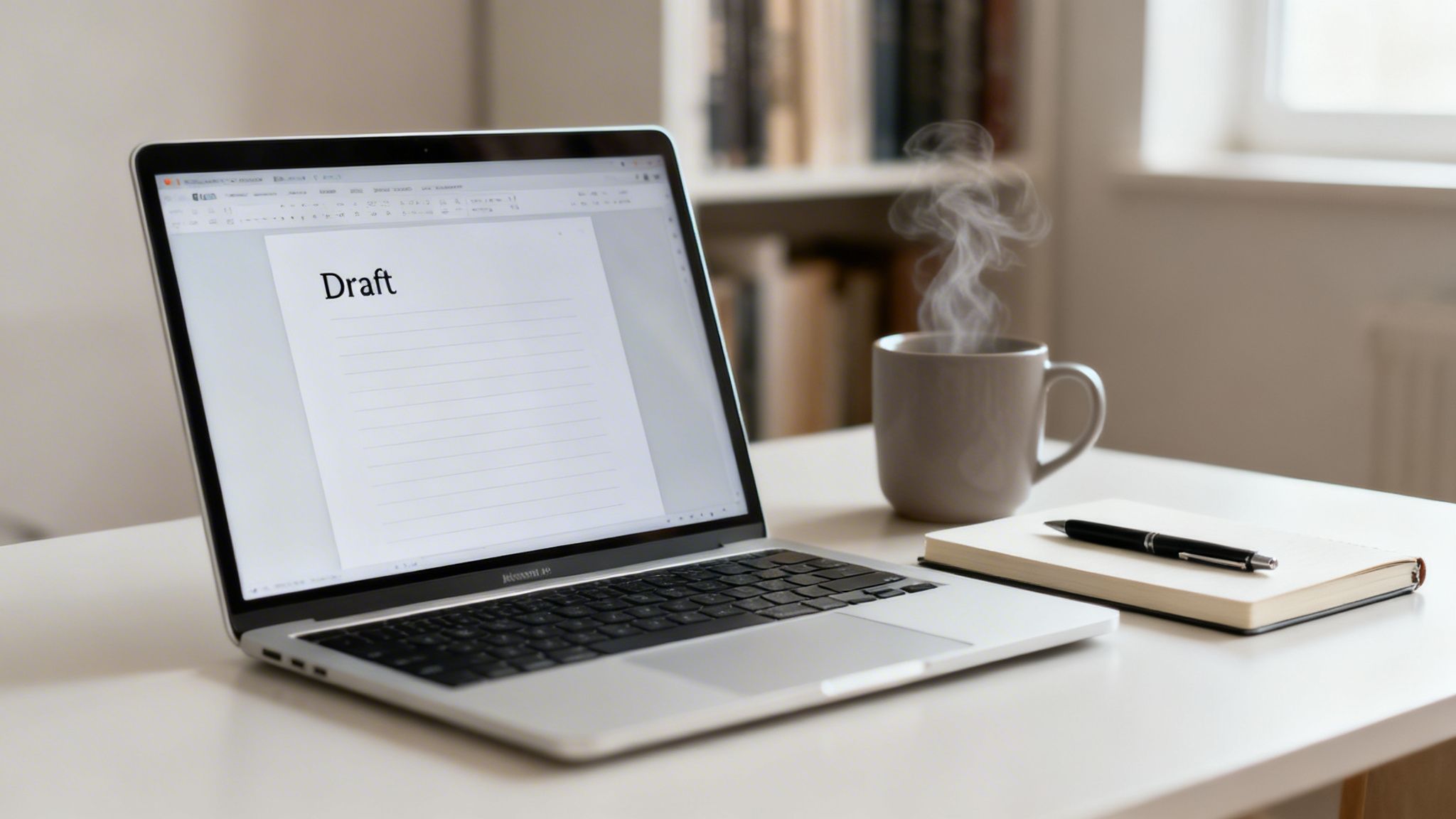 Laptop showing 'Draft', steaming coffee, notebook, and pen on a home office desk.